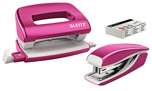 Leitz 55996023 Mini-Heftgerät-und Locher-Set (für bis zu 10 Blatt, Inkl. Heftklammern, WOW) metallic pink von Leitz