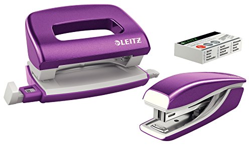 Leitz 55996062 Mini-Heftgerät-und Locher-Set (für bis zu 10 Blatt, Inkl. Heftklammern, WOW) metallic violett von Leitz