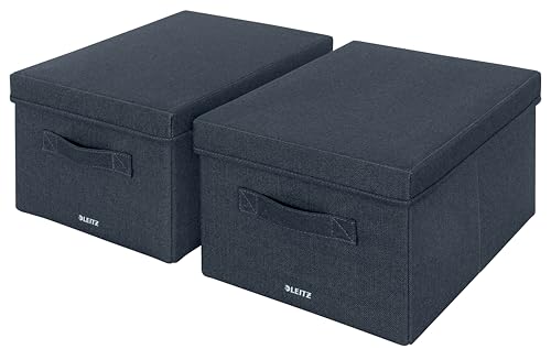 Leitz Aufbewahrungsbox mit Deckel aus Stoff, 2er-Set Organisationsboxen, Universell, faltbar & umweltfreundlich, Organizer für Büro, Haushalt, Schule oder als Sofa Organiser, Grau, Mittel, 61440089 von Leitz