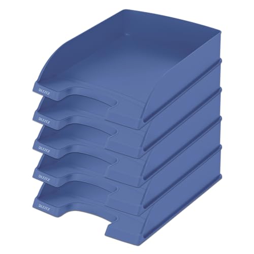 Leitz Briefablage A4, 5er Pack, 100 % recyclebar, stapelbare Ablagefächer, klimakompensiert, Blauer Engel, Recycle-Sortiment, Blau, 52275030 von Leitz