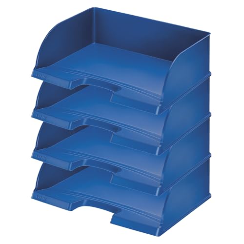 Leitz Briefkorb Querformat A4 Jumbo, 4er Pack, Mit extragroßem Fassungsvermögen, Blau, Plus Serie, 52190035 von Leitz