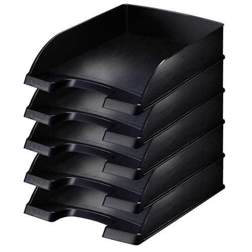 Leitz Briefkorb Standard A4, 5er Pack, Briefablage in Premium-Qualität, Stapelbare Ablagefächer als Schreibtisch-Organizer, Satin Schwarz, Style-Serie, 52540094 von Leitz