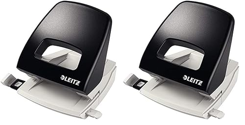 Leitz Büro Locher aus Metall, Für 25 Blatt, Anschlagschiene mit Formatangaben, Ergonomisches Design, schwarz, NeXXt-Serie, 50050095 (Packung mit 2) von Leitz