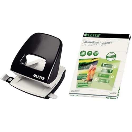 Leitz Büro Locher aus Metall, Für 30 Blatt, Anschlagschiene mit Formatangaben & Heißlaminierfolien A4 80 mic, Hochwertige Laminierfolien im 100er Pack Leitz Büro Locher aus Metall, Für 30 Blatt, Anschlagschiene mit Formatangaben & Heißlaminierfolien A4 80 mic, Hochwertige Laminierfolien im 100er Pack von Leitz