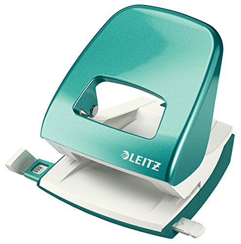 Leitz NeXXt WOW Bürolocher, Metall, geeignet für 30 Blatt, Anschlagschiene mit Formatvorgaben, Ergonomisches Design dank Griffmulde, Eisblau, 50081051 von Leitz