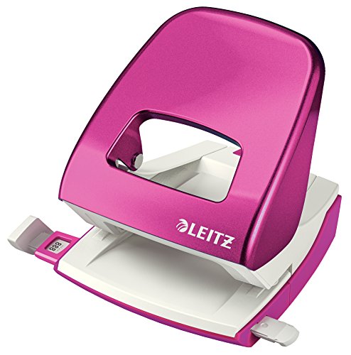 Leitz Büro Locher aus Metall, Für 30 Blatt, Anschlagschiene mit Formatvorgaben, Ergonomisches Design, pink, WOW-Serie, 50081023 von Leitz