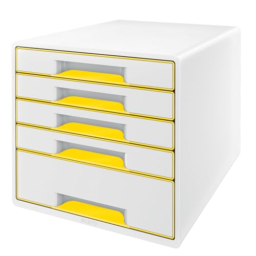 Leitz CUBE Schubladenbox mit 5 Schubladen, Weiß/Gelb, A4, Inkl. transparentem Schubladeneinsatz, WOW, 52142016 Leitz CUBE Schubladenbox mit 5 Schubladen, Weiß/Gelb, A4, Inkl. transparentem Schubladeneinsatz, WOW, 52142016 von Leitz
