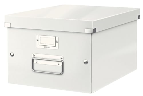Leitz Click & Store Aufbewahrungsbox mit Deckel Mittel-Groß, Box für Unterlagen bis A4 im Büro u. Haushalt, Transportbox aus 85 % recycelter Premium-Hartpappe, Stabile Metallgriffe, Weiß, 60440001 von Leitz