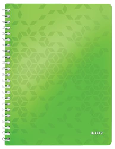Leitz WOW Collegeblock A4 kariert, 160 Seiten, 80 Blatt FSC-zertifiziertes Papier 80 g/m², Doppelspiralbindung, PP-Einband, Notizbuch mit Sichthülle und Lineal, Für Büro oder Schule, Grün, 46380054 von Leitz