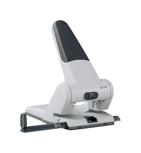 Leitz Extrastarker Registratur-Locher, Für 65 Blatt, Großer leistungsstarker Locher für müheloses Lochen im Büro, Aus Aluminiumdruckguss, recycelte Kunststoffteile, 100% recycelbar, Weiß, 51800084 von Leitz