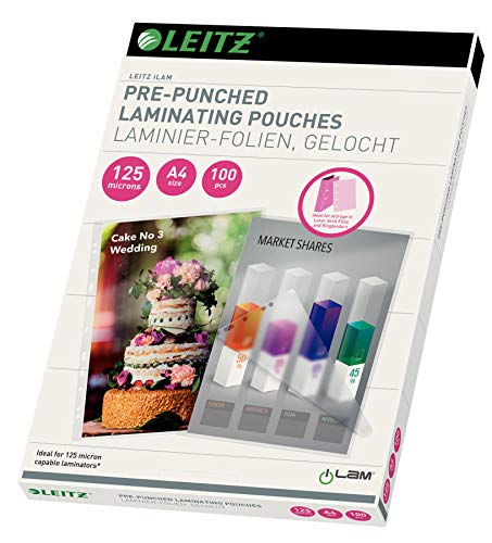 Leitz Heißlaminierfolien A4 125 mic, mit Lochung für Ordner und Ringbücher (2-/4-fach), Hochwertige Laminierfolien im 100er Pack, Glänzend, Transparent, 33878 von Leitz