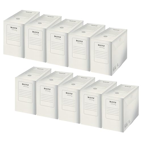 Leitz Infinity Archivbox, 10 Stück, 150 mm Rückenbreite, A4 Faltkarton mit Lasche, Boxen Aufbewahrung für bis zu 1400 Blatt, Lagerbox aus 100% säurefreier Karton, Weiß, Infinity Archiv Serie, 60920000 von Leitz