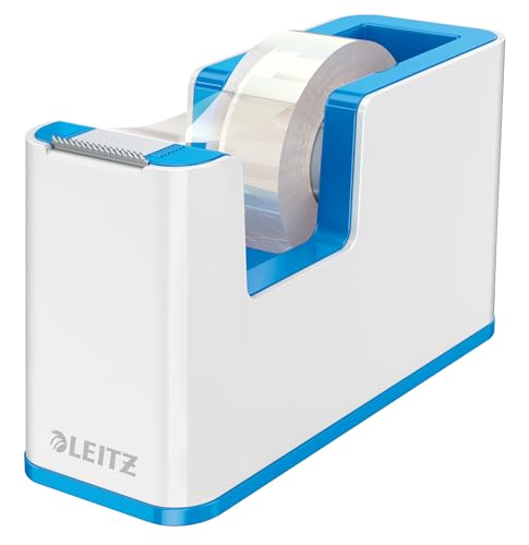 Leitz Klebeband-Tischabroller, Fester Stand, Klebebandabroller inkl. Klebeband, Weiß/Blau, Duo Colour, WOW, 53641036 von Leitz