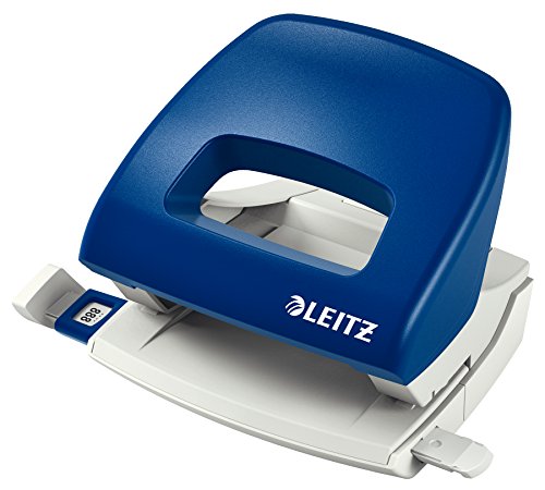 Leitz Kleiner Büro Locher aus Metall, 16 Blatt, Anschlagschiene mit Formatangaben, Ergonomisches Design, blau, 50380035 von Leitz