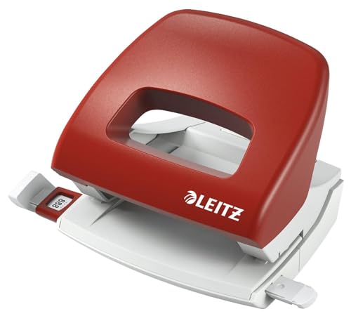 Leitz Kleiner Büro Locher aus Metall, 16 Blatt, Anschlagschiene mit Formatangaben, Ergonomisches Design, rot, 50380025 von Leitz