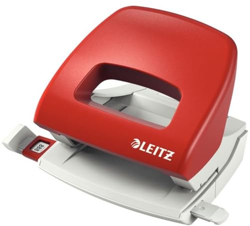 Leitz Kleiner Büro Locher aus Metall, 16 Blatt, Anschlagschiene mit Formatangaben, Ergonomisches Design, rot, 50386025 von Leitz