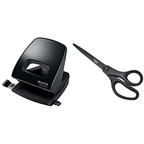 Leitz Locher, Für 30 Blatt, Anschlagschiene mit Formatangaben, 100% recyclebar, Umweltfreundlich, schwarz, NeXXt Recycle-Serie, 50030095 & Schere Titan Anti-Haft 205mm SB sw von Leitz