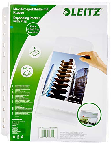 Leitz Maxi Prospekthüllen-Set mit Klappen, 5 Stück, A4 Format, Ausdehnbar, Kapazität für 200 Blatt, 0,17 mm PVC-Hartfolie, 47573003 Leitz Maxi Prospekthüllen-Set mit Klappen, 5 Stück, A4 Format, Ausdehnbar, Kapazität für 200 Blatt, 0,17 mm PVC-Hartfolie, 47573003 von Leitz