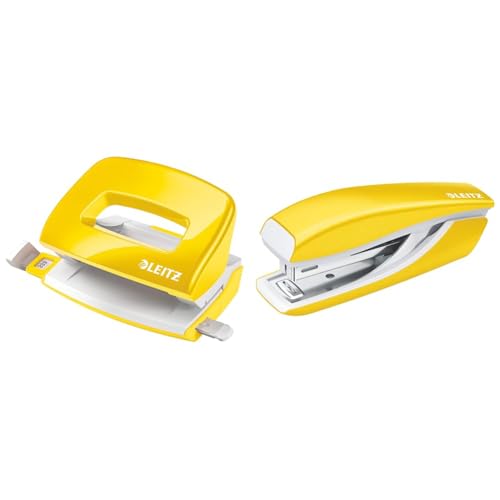 Leitz Mini-Locher + Mini-Heftgerät, für 10 Blatt, Anschlagschiene mit Formatangaben, Tacker mit 1000 Heftklammern, Ergonomisches Design, Gelb, WOW-Serie, 50601016 + 55281016 von Leitz