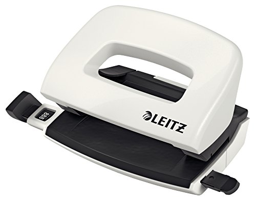 Leitz Mini Locher aus Metall, kleiner Locher für 10 Blatt, Metall, Anschlagschiene mit Formatangaben, Ergonomisches Design, weiß, WOW-Serie, 50601001 von Leitz