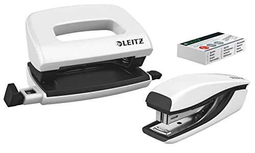 Leitz NeXXt Mini-Locher- und Heftgerät-Set für bis zu 10 Blatt, Inkl. P2 Nr. 10 Heftklammern, perlweiß, WOW, 55612001 von Leitz