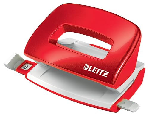 Leitz NeXXt WOW Mini-Locher, 10 Blatt, Führungsschiene mit Formatmarkierungen, Metall, Locher in Metallic-Rot, 50601026 von Leitz
