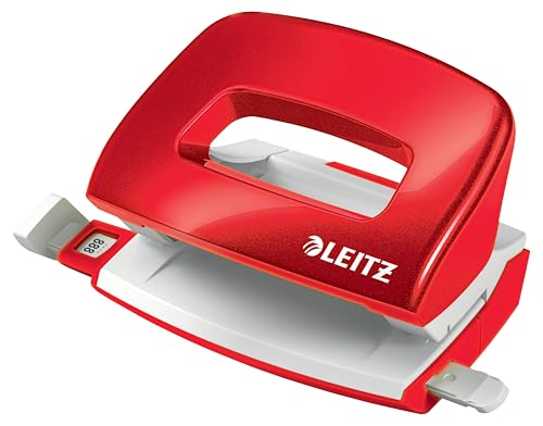 Leitz WOW Mini-Locher aus Metall, Für 10 Blatt, Anschlagschiene mit Formatvorgaben, Für Büro, Home Office & Schule, Metallic-Rot, 50601026 von Leitz