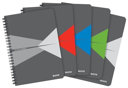 Leitz Office Collegeblock (5 Stück) – A5 liniertes Notizbuch mit PP-Einband, Spiralbindung, 180 Seiten / 90 Blatt FSC-zertifiziertes Papier (80 g/m²), für Büro und Schule, verschiedene Farben von Leitz