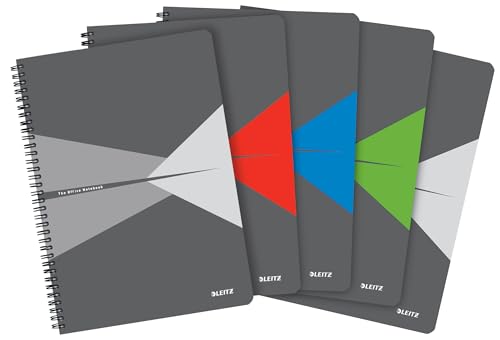 Leitz Office Collegeblock A4 kariert, 5er Pack, Notizbuch mit Spiralbindung & Kartoneinband, 360 Grad Öffnung, 180 Seiten/90 Blatt FSC-zertifiziertes Papier (80 g/m²), mehrere Farben, 46471099 von Leitz