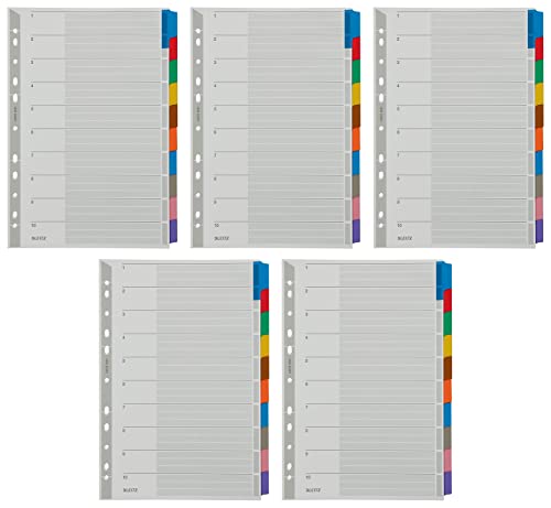 Leitz Ordner Register Blanko, 1-10, Karton, für A4, mit Deckblatt, 10 Trennblätterm, verstärktem Lochrand und bunten Taben, 43210000 (5) von Leitz