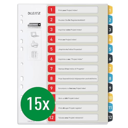 Leitz PC-beschriftbares Register in A4 Format, 15er Pack, 1-12, Robust, Mehrfarbig, Cosy-Serie, 12480000 von Leitz