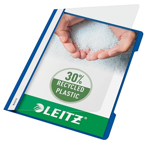 Leitz Schnellhefter A4, 25er Pack, Plastik-Hefter, Robuste PVC-Hartfolie, Transparenter Vorderdeckel, Blau, 41910035 von Leitz