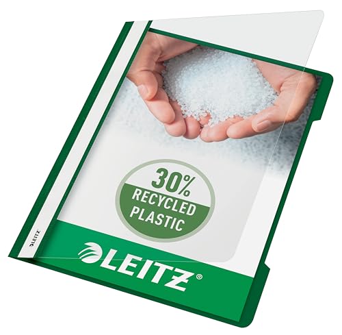 Leitz Schnellhefter A4, 25er Pack, Plastik-Hefter, Robuste PVC-Hartfolie, Transparenter Vorderdeckel, Grün, 41910055 von Leitz