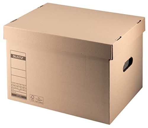 Leitz Premium Archiv- und Transport-Schachtel, Box für 4 breite oder 7 schmale A4 Ordner und mehr, Transportbox mit Deckel, Faltbare Kartonverpackung, 100 % recycelbar, 10 Stück, Braun, 60810000 von Leitz