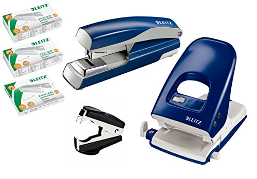 Leitz Profi Büroset 5138 Bürolocher Stark NeXXt, 40 Blatt und Leitz 5523 Flachheftgerät Stark NeXXt, 40 Blatt mit je 1.000 Heftklammern 24/6 24/8 und 26/6 (Profi Set blau) von Leitz