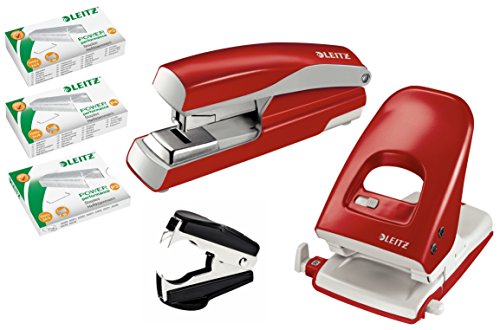 Leitz Profi Büroset 5138 Bürolocher Stark NeXXt, 40 Blatt und Leitz 5523 Flachheftgerät Stark NeXXt, 40 Blatt mit je 1.000 Heftklammern 24/6 24/8 und 26/6 (Profi Set rot) von Leitz