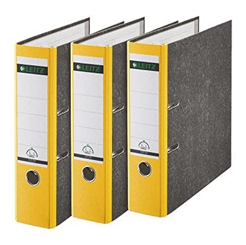 Leitz Qualitäts-Ordner, 3er-Pack, Wolkenmarmor-Papier, A4, 8 cm Rückenbreite, Gelb, 310305015 von Leitz