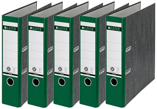 Leitz Qualitäts-Ordner, das Original, DIN A4 Aktenordner 8 cm breit, Wolkenmarmor-Papier, Recycling-Ordner, Blauer Engel, Mit 180° Mechanik, Höchste Stabilität (Breit, Grün, 5 Stück) von Leitz