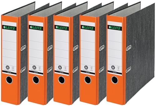 Leitz Qualitäts-Ordner, das Original, DIN A4 Aktenordner 8 cm breit, Wolkenmarmor-Papier, Recycling-Ordner, Blauer Engel, Mit 180° Mechanik, Höchste Stabilität (Breit, Orange, 5 Stück) von Leitz