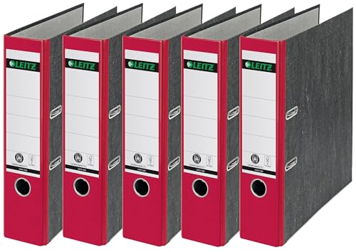 Leitz Qualitäts-Ordner, das Original, DIN A4 Aktenordner 8 cm breit, Wolkenmarmor-Papier, Recycling-Ordner, Blauer Engel, Mit 180° Mechanik, Höchste Stabilität (Breit, Rot, 5 Stück) von Leitz