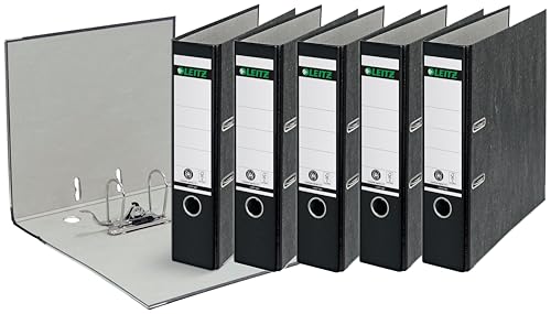 Leitz Qualitäts-Ordner, das Original, DIN A4 Aktenordner 8 cm breit, Wolkenmarmor-Papier, Recycling-Ordner, Blauer Engel, Mit 180° Mechanik, Höchste Stabilität (Breit, Schwarz, 5 Stück) von Leitz