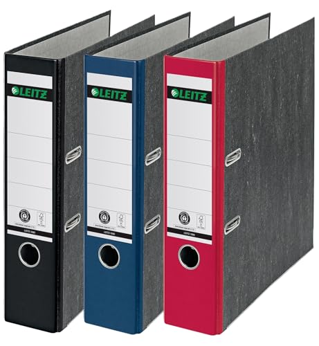 Leitz Qualitäts-Ordner, das Original, DIN A4 Aktenordner 8 cm breit, Wolkenmarmor-Papier, Recycling-Ordner, Blauer Engel, Mit 180° Mechanik, Höchste Stabilität (Breit, Sortiert, 3 Stück) von Leitz