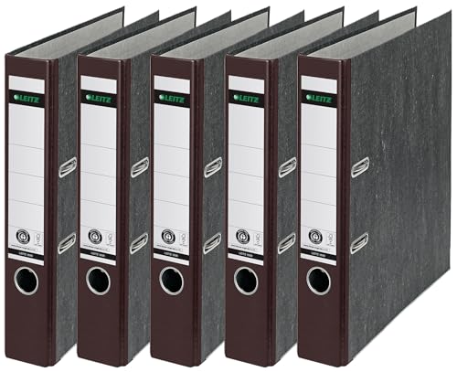 Leitz Qualitäts-Ordner, das Original, DIN A4 Aktenordner 8 cm breit, Wolkenmarmor-Papier, Recycling-Ordner, Blauer Engel, Mit 180° Mechanik, Höchste Stabilität (Schmal, Braun, 5 Stück) von Leitz