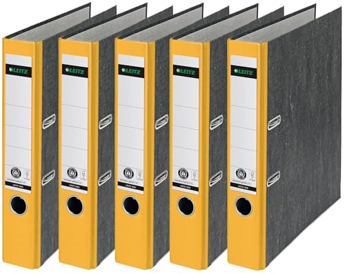 Leitz Qualitäts-Ordner, das Original, DIN A4 Aktenordner 8 cm breit, Wolkenmarmor-Papier, Recycling-Ordner, Blauer Engel, Mit 180° Mechanik, Höchste Stabilität (Schmal, Gelb, 5 Stück) von Leitz
