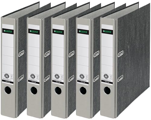 Leitz Qualitäts-Ordner, das Original, DIN A4 Aktenordner 8 cm breit, Wolkenmarmor-Papier, Recycling-Ordner, Blauer Engel, Mit 180° Mechanik, Höchste Stabilität (Schmal, Grau, 5 Stück) von Leitz