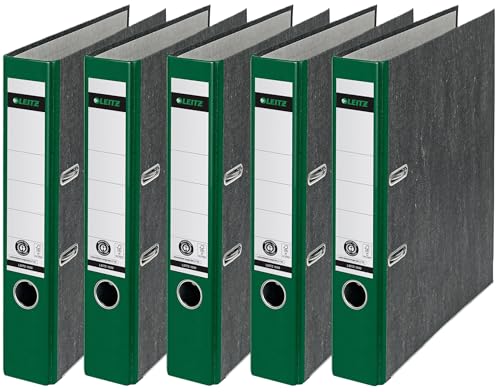 Leitz Qualitäts-Ordner, das Original, DIN A4 Aktenordner 8 cm breit, Wolkenmarmor-Papier, Recycling-Ordner, Blauer Engel, Mit 180° Mechanik, Höchste Stabilität (Schmal, Grün, 5 Stück) von Leitz