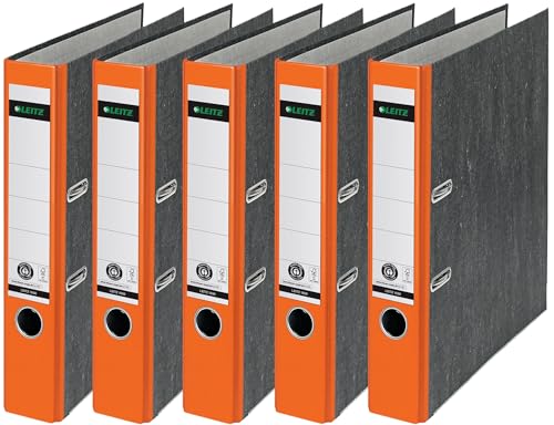 Leitz Qualitäts-Ordner, das Original, DIN A4 Aktenordner 8 cm breit, Wolkenmarmor-Papier, Recycling-Ordner, Blauer Engel, Mit 180° Mechanik, Höchste Stabilität (Schmal, Orange, 5 Stück) von Leitz