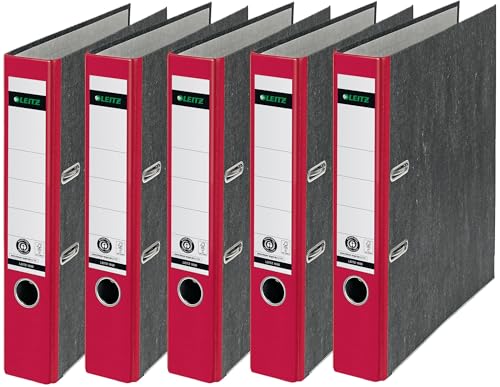 Leitz Qualitäts-Ordner, das Original, DIN A4 Aktenordner 8 cm breit, Wolkenmarmor-Papier, Recycling-Ordner, Blauer Engel, Mit 180° Mechanik, Höchste Stabilität (Schmal, Rot, 5 Stück) von Leitz