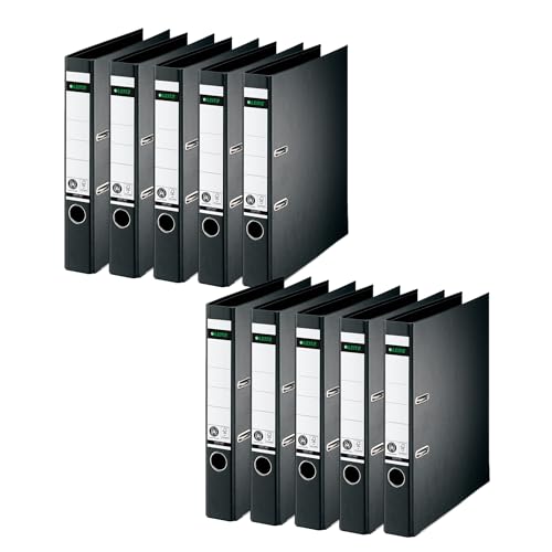 Leitz Qualitäts-Ordner 180°, 10er Pack, A4, schmal, 5,2 cm Rückenbreite, Spezialpapierkaschierung in Leinenprägung, Blauer Engel, Schwarz, 10080095 von Leitz