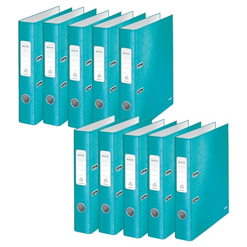 Leitz Qualitäts-Ordner 180°, 10er Pack, A4, schmal, 5,2 cm Rückenbreite, laminierte Graupappe, Eisblau, WOW Serie, 10060051 von Leitz